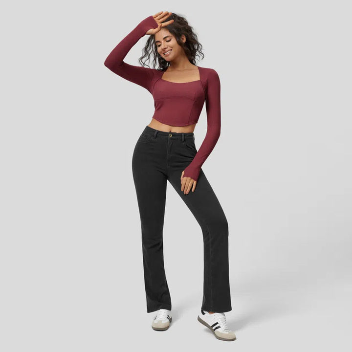 Damen figurbetontes Langarm-Crop-Top mit quadratischem Ausschnitt und feinem Rippmaterial Drune