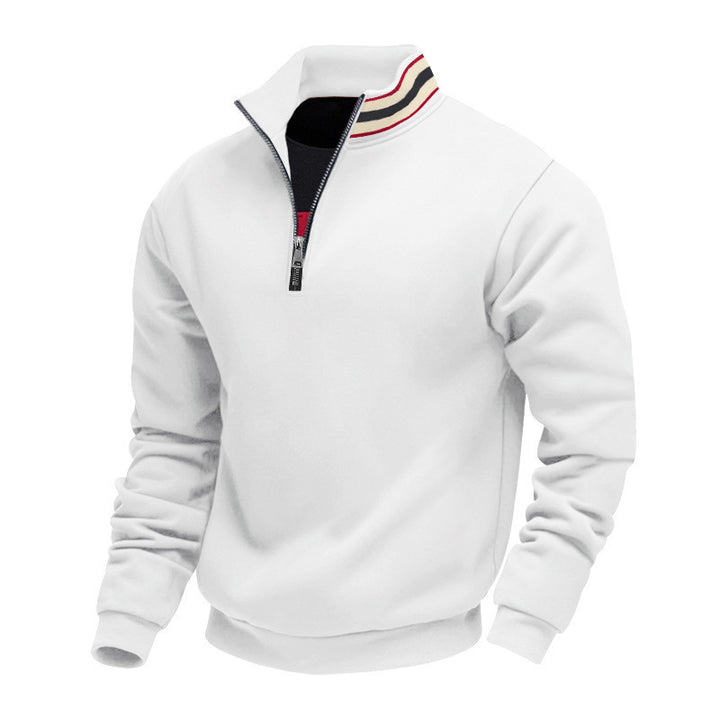 Herren nan Stehkragen-Halbzip-Sweatshirt aus Baumwollfleece mit Kontraststreifen am Kragen und gerippten Bündchen Drune