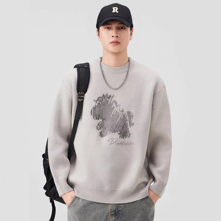 Damen Oversize-Strickpullover mit Jacquard-Hundemotiv und geripptem Saum Drune