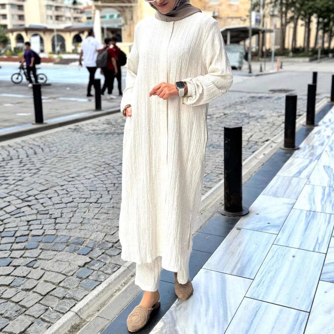 Damen Langes Crinkle-Kaftankleid mit Ballonärmeln und Stehkragenoptik Drune