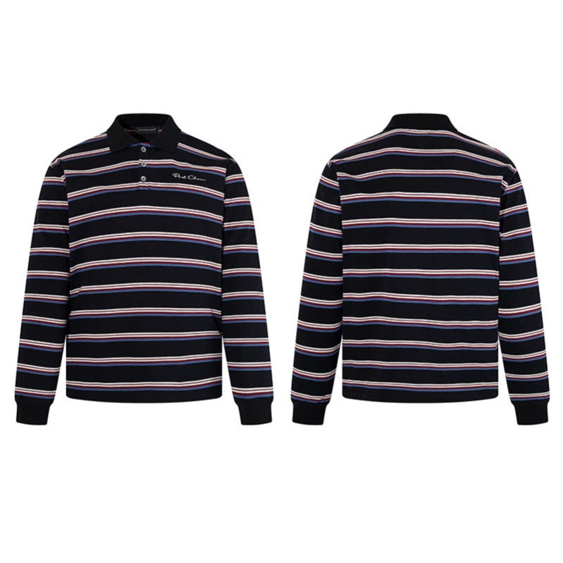 Herren Langarm-Poloshirt mit Retro-Streifen, Rippbündchen und Knopfleiste Drune