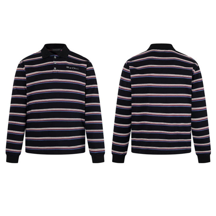 Herren Langarm-Poloshirt mit Retro-Streifen, Rippbündchen und Knopfleiste Drune
