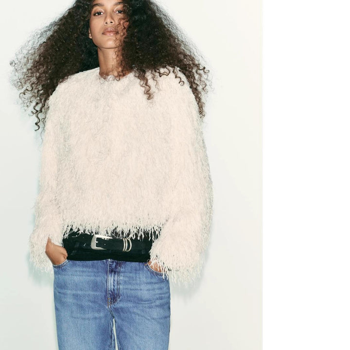 Damen Flauschiger Fransen-Pullover im Boxy-Cut Drune