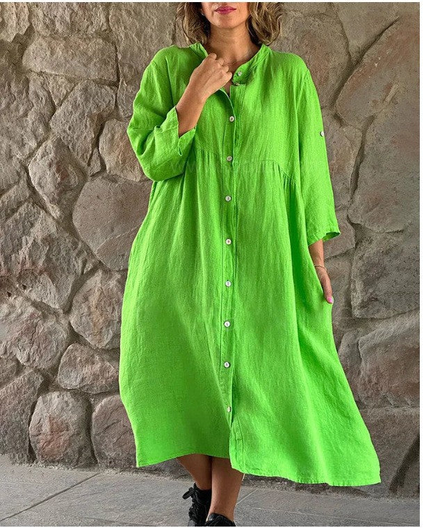 Damen Oversize Midi Kleid im Leinen-Look mit Stehkragen, Knopfleiste und Seiten Taschen Drune