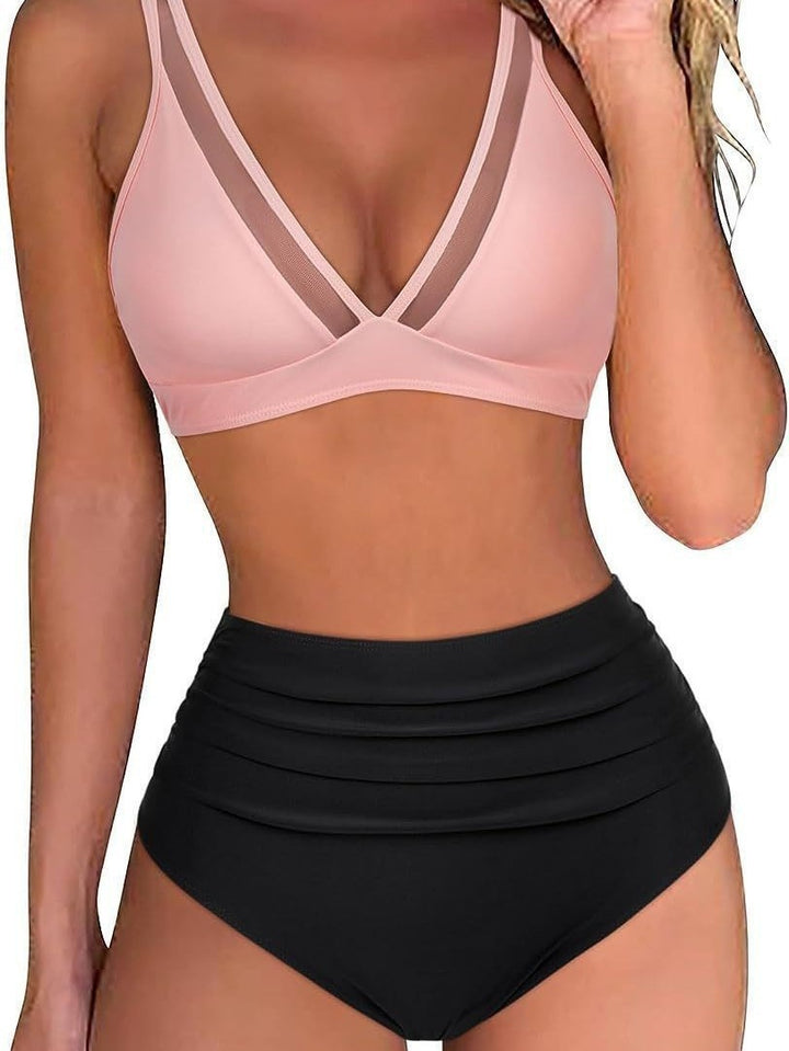 Damen Hoch tailliertes Bikini-Set mit Leopardenmuster und transparenten Einsätzen Drune