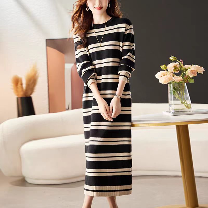 Damen Langarm-Strickkleid mit modernem Streifenmuster und komfortablem Schnitt Drune