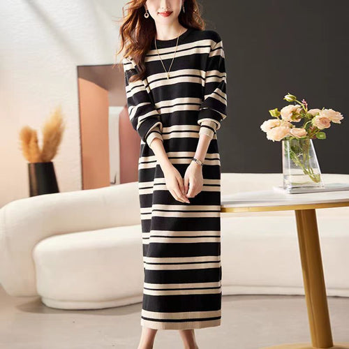 Damen Langarm-Strickkleid mit modernem Streifenmuster und komfortablem Schnitt Drune