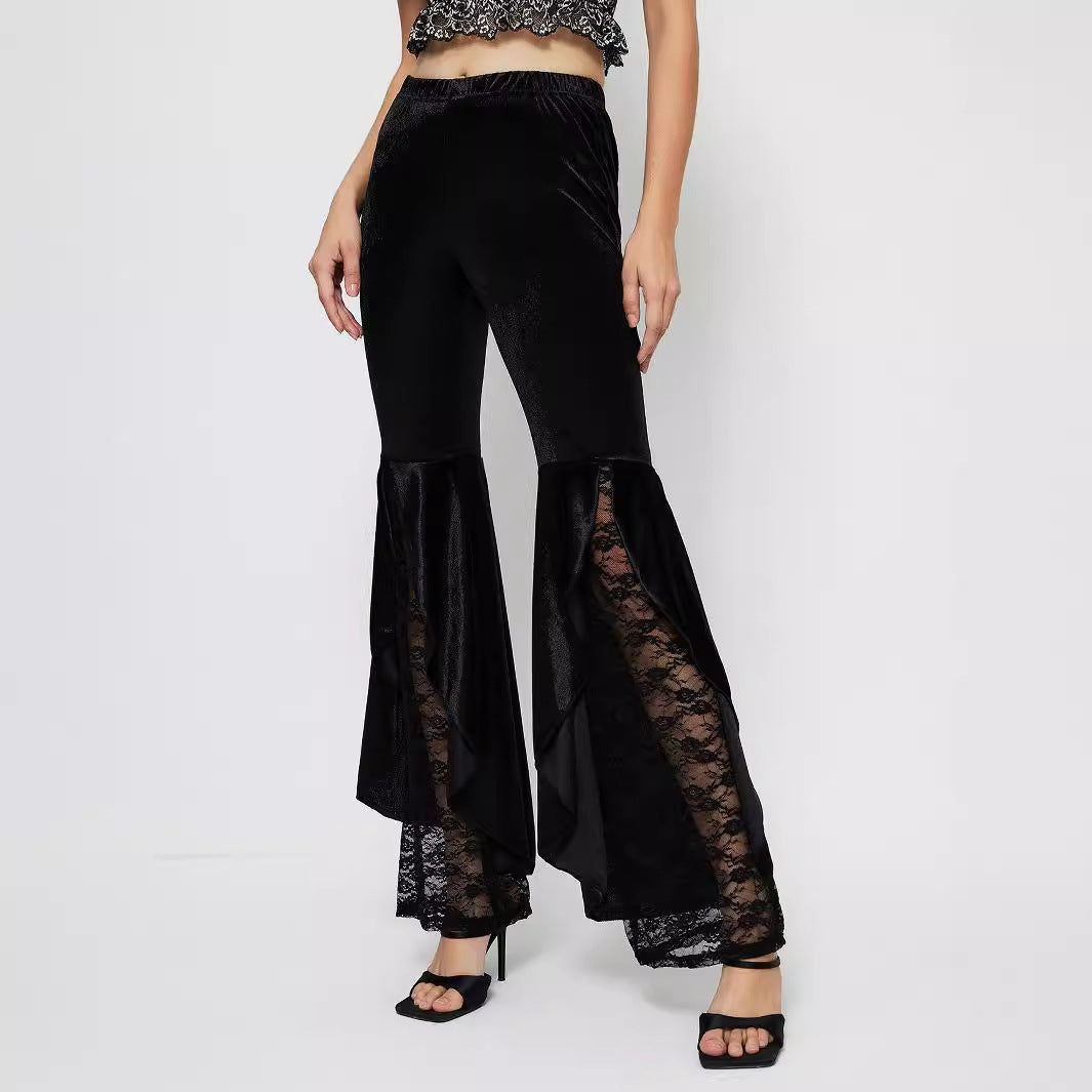 Damen elegante High-Waist Palazzo-Hose mit transparenten Spitzen-Einsätzen Drune