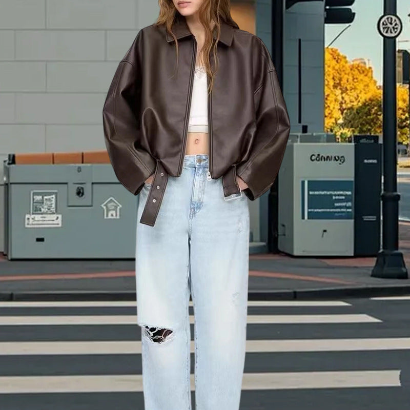 Damen Oversized Kunstlederjacke mit flauen Schultern und praktischen Druckknöpfen Drune