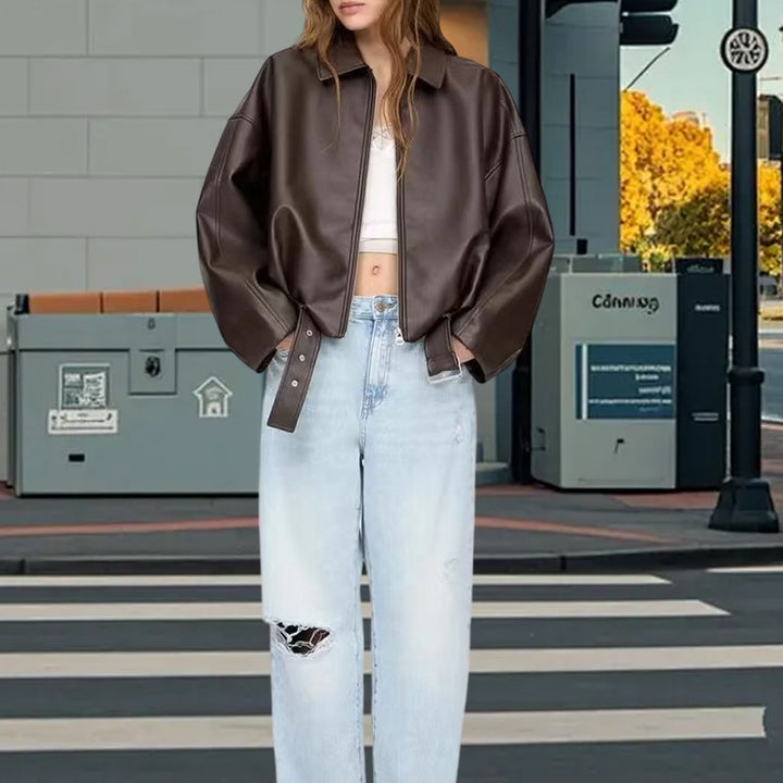 Damen Oversized Kunstlederjacke mit flauen Schultern und praktischen Druckknöpfen Drune