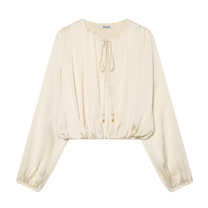 Damen Plissierte Cropped-Bluse mit Kordelzug und Ballonärmeln Drune