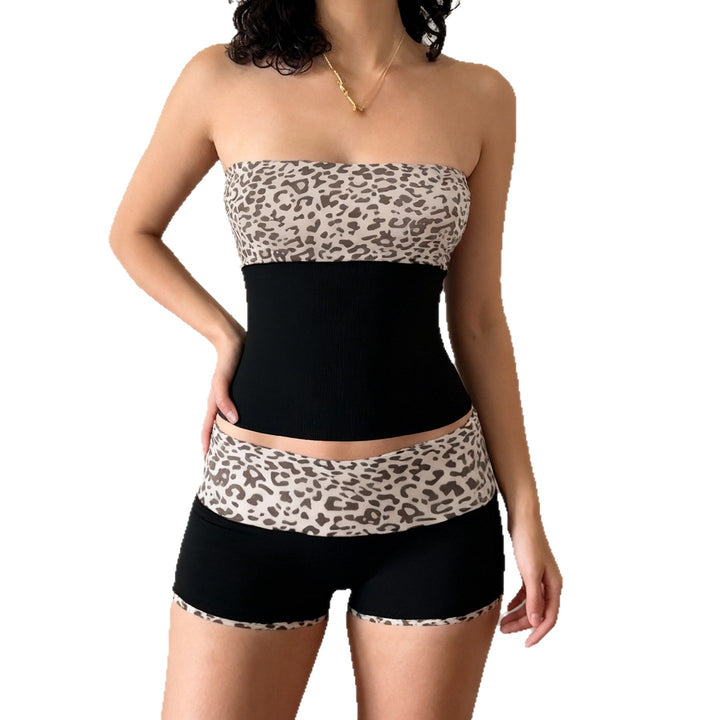 Damen Sportliches Crop-Top und Shorts-Set im modernen Leopardenmuster Drune