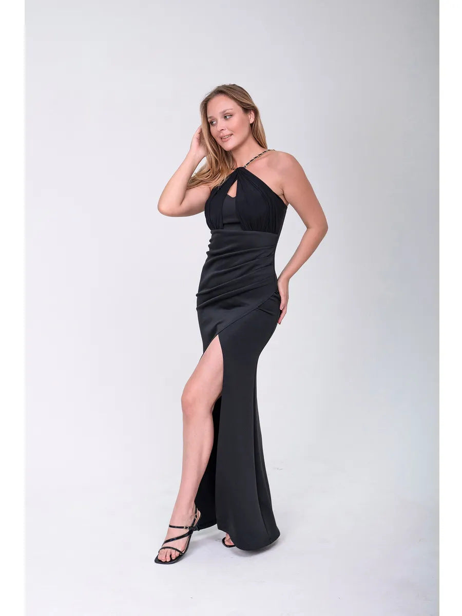 Damen elegantes Maxikleid mit tiefem Schlitz und innovativem Trägerdesign Drune