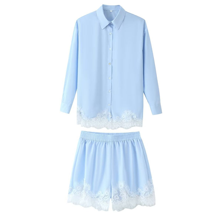 Damen Zweiteiliges Satin-Schlafanzug-Set mit Spitzenbesatz und Hemdjacke Drune