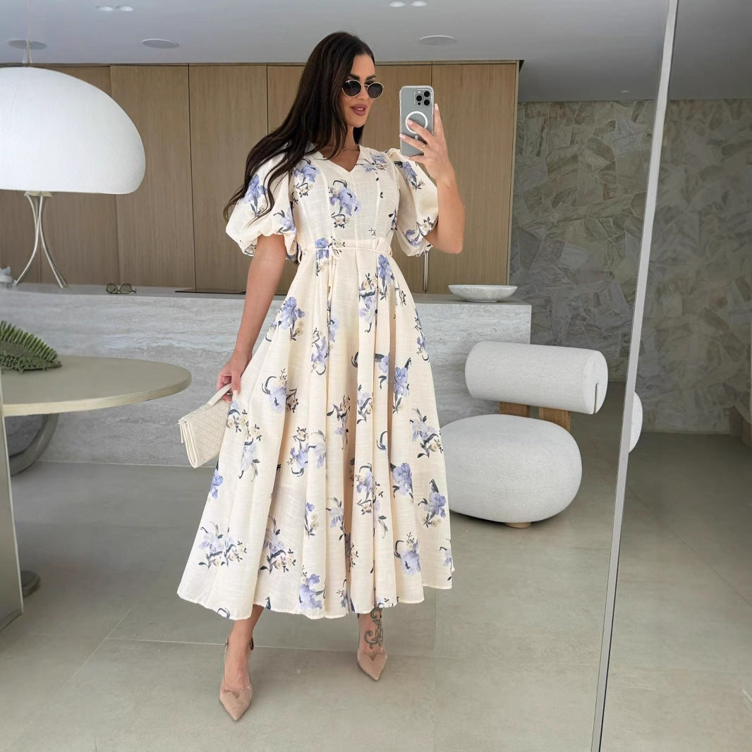 Damen Maxikleid mit elegantem V-Ausschnitt und voluminösen Puffärmeln Drune