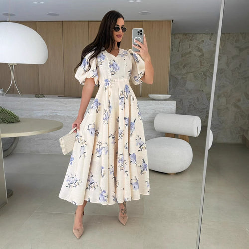 Damen Maxikleid mit elegantem V-Ausschnitt und voluminösen Puffärmeln Drune