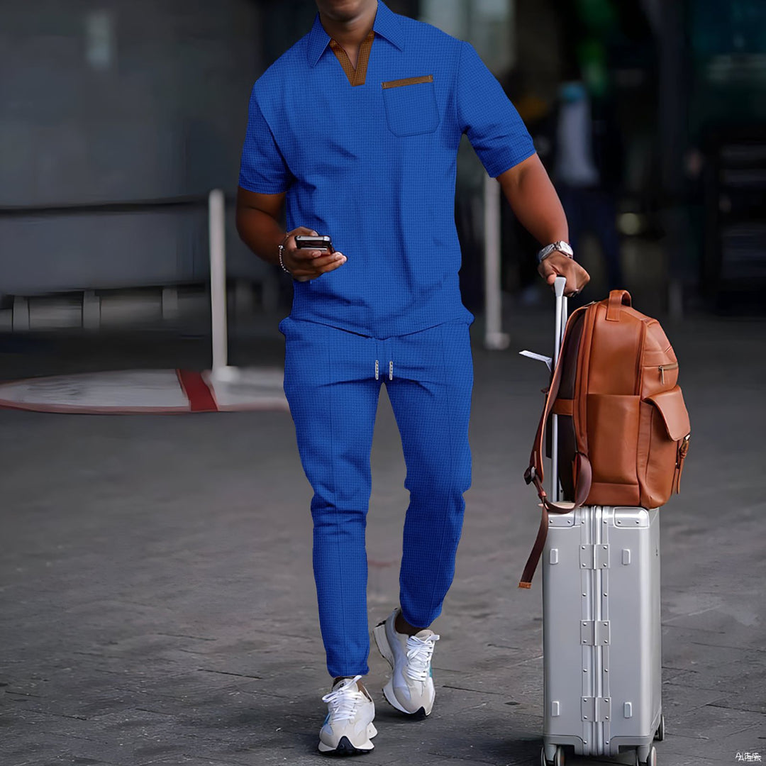 Herren nan lässiges Freizeitset aus elastischem Jersey mit V-Ausschnitt Brusttasche und Kordelbund Drune