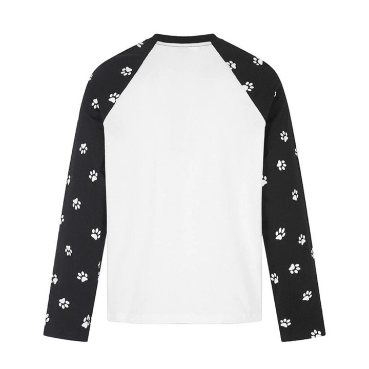 Damen Casual-Langarmshirt im Raglanstil mit Hunde-Pfotenmuster und Statement-Frontprint Drune