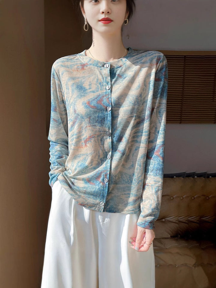 Damen Leichter Aquarell‑Print Feinstrick‑Cardigan mit Rundhalsausschnitt und Knopfleiste Drune