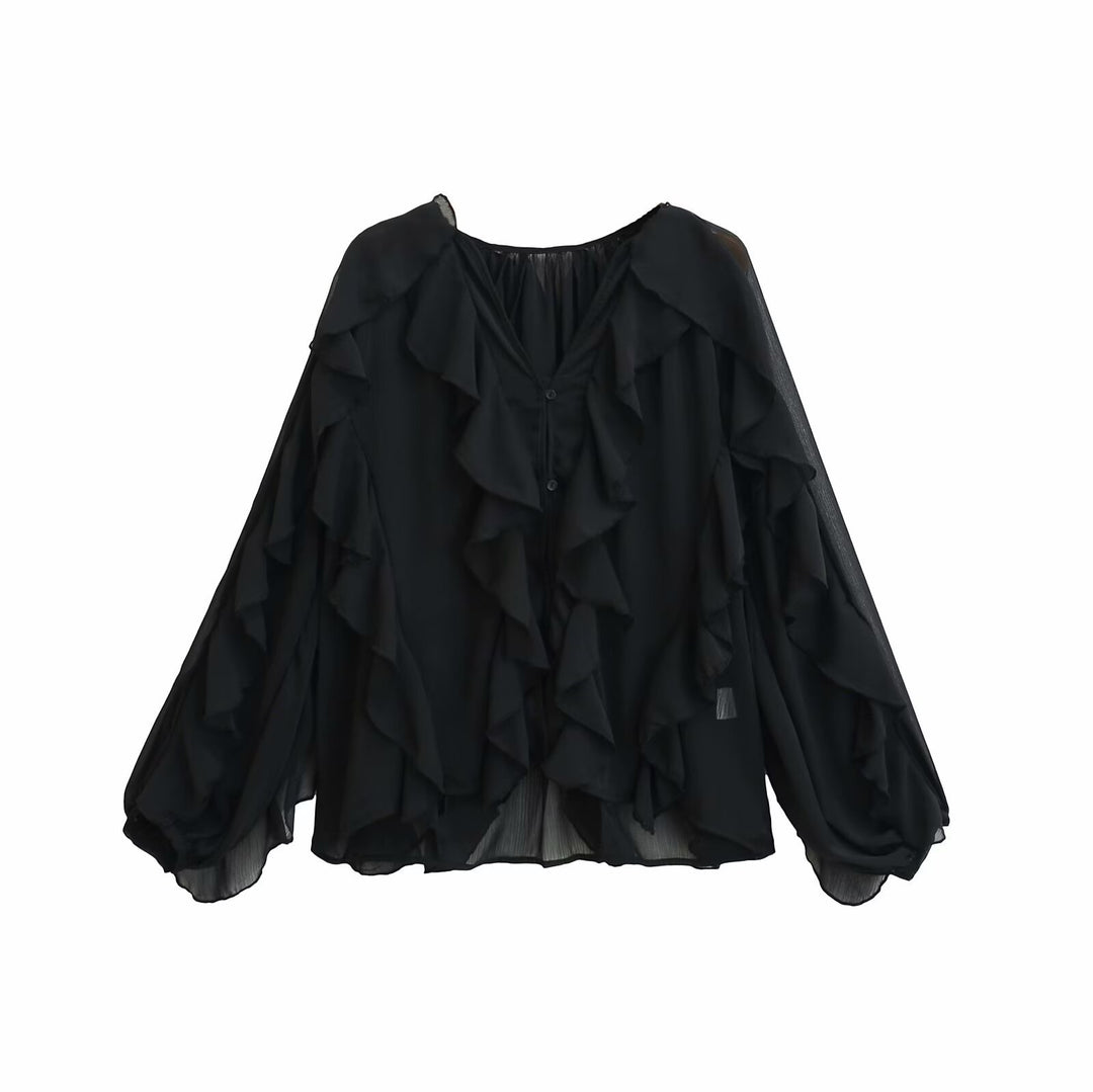 Damen Volant-Chiffonbluse mit Knopfleiste, gerafftem Ausschnitt und Ballonärmeln Drune