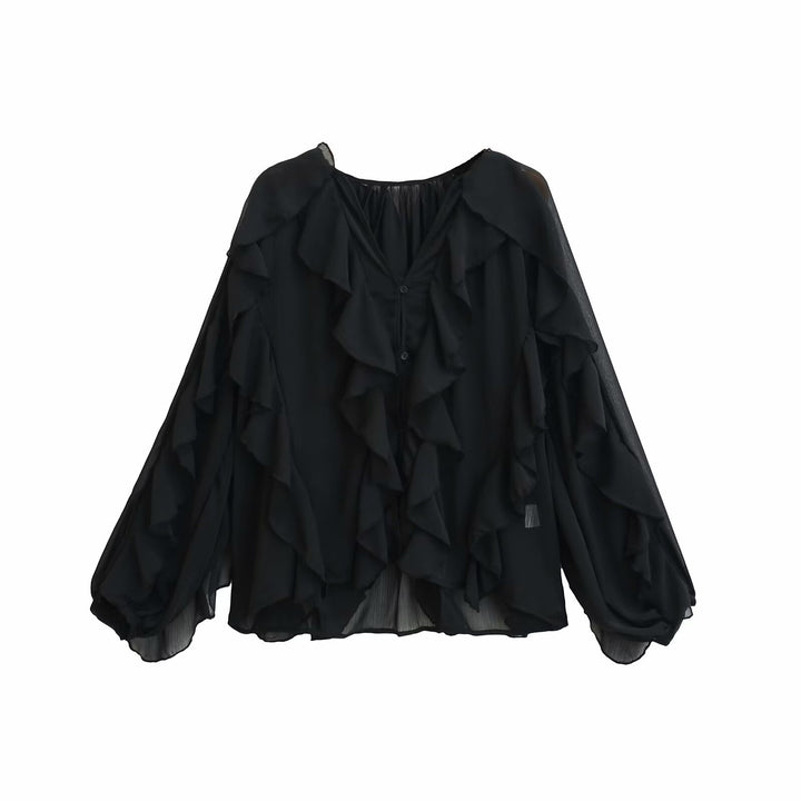 Damen Volant-Chiffonbluse mit Knopfleiste, gerafftem Ausschnitt und Ballonärmeln Drune