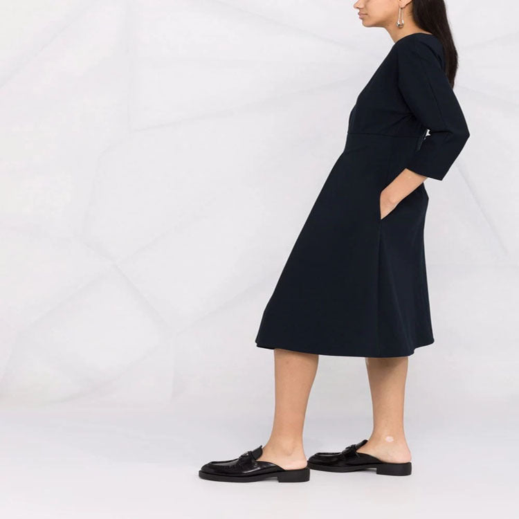 Damen Kleid mit 3/4-Ärmeln, Boot-Ausschnitt und tailliertem Faltenrock Drune