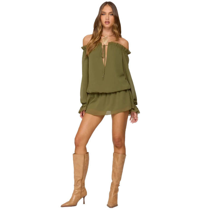 Damen Off-Shoulder Kleid mit voluminösen Puffärmeln und Rüschensaum Drune