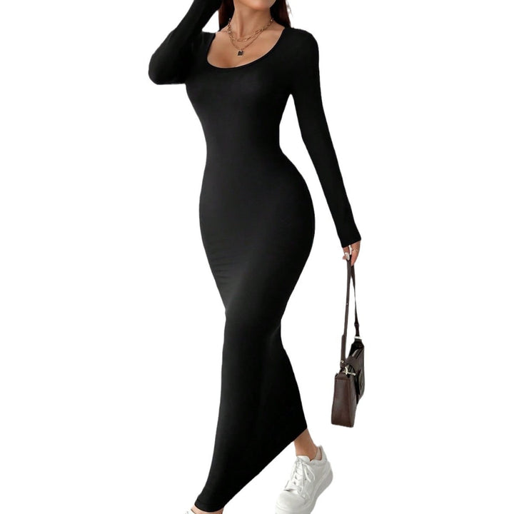 Damen figurbetontes langärmeliges Maxikleid mit tiefem Rundhalsausschnitt formendem Stretch-Jersey und knöchellanger Silhouette Drune