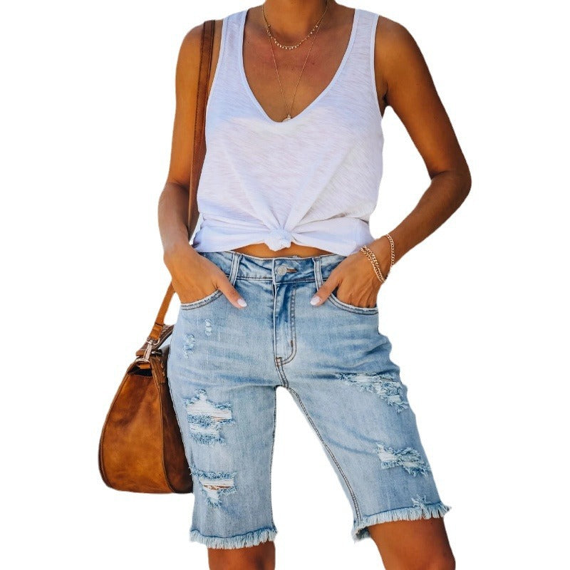 Damen Destroyed Denim Shorts im lässigen Schnitt mit fransigen Säumen Drune