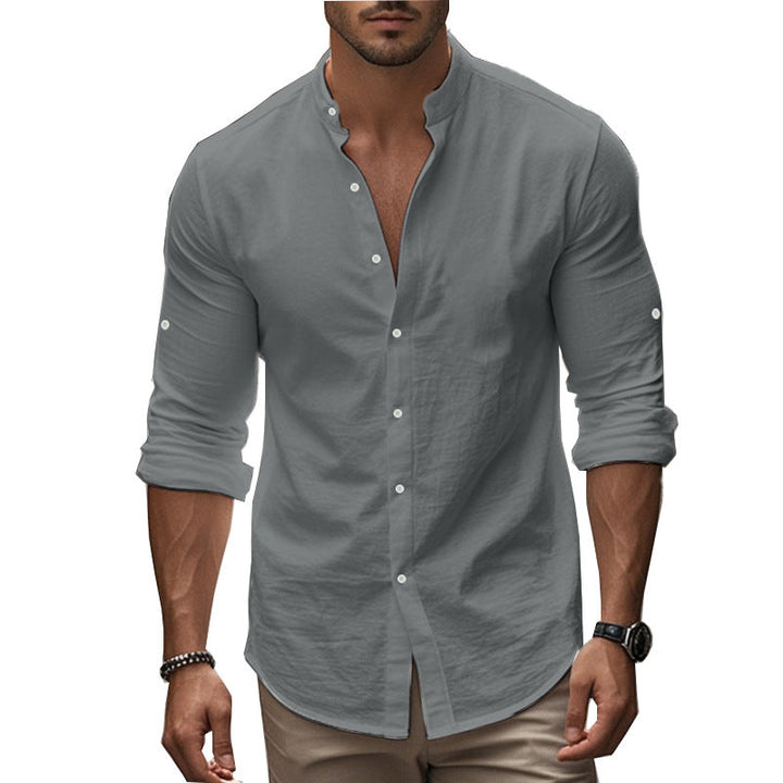 Herren nan lässiges Leinenhemd mit Stehkragen, durchgehender Knopfleiste und aufrollbaren Ärmeln Drune