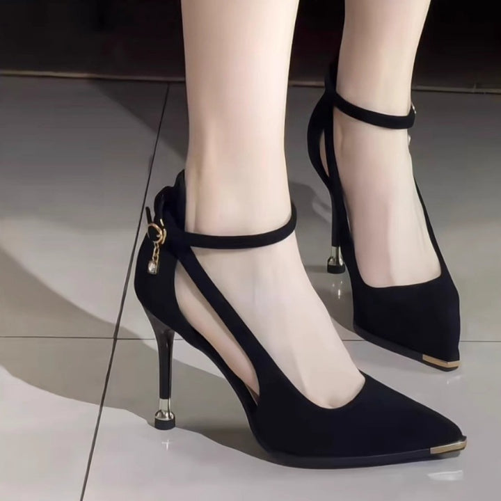 Damen elegante spitze Pumps mit Knöchelriemen Cut-Out-Seiten und zierlichem Kitten-Heel Drune