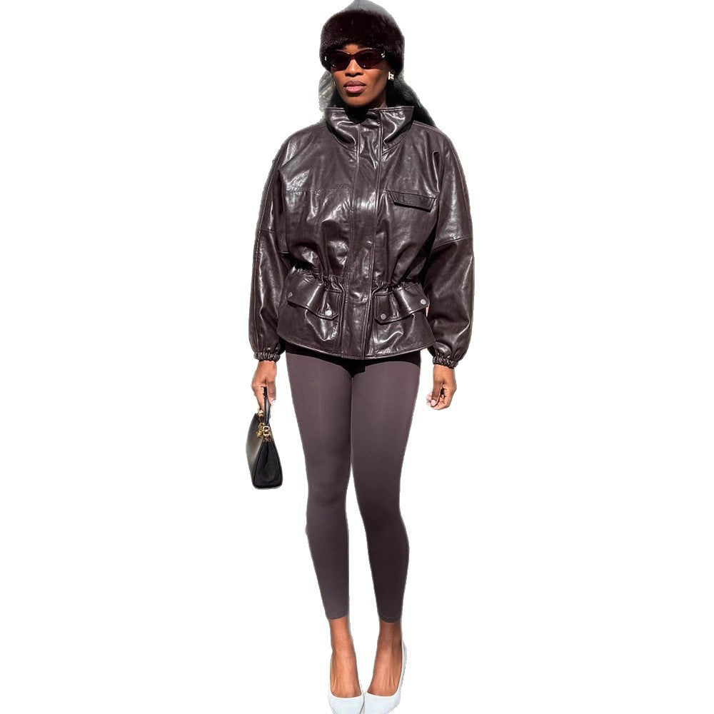 Damen Oversize Lederimitat-Blouson mit hohem Stehkragen und Taillenzug Drune