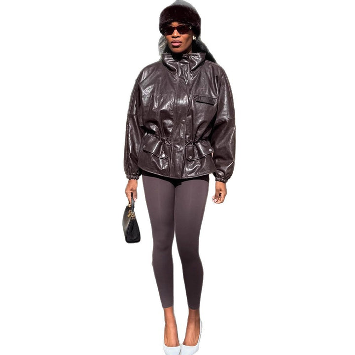 Damen Oversize Lederimitat-Blouson mit hohem Stehkragen und Taillenzug Drune