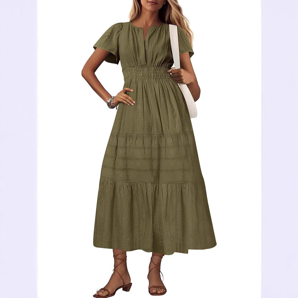 Damen langes Sommerkleid mit elastischem Taillenbund und raffiniertem Faltenwurf Drune