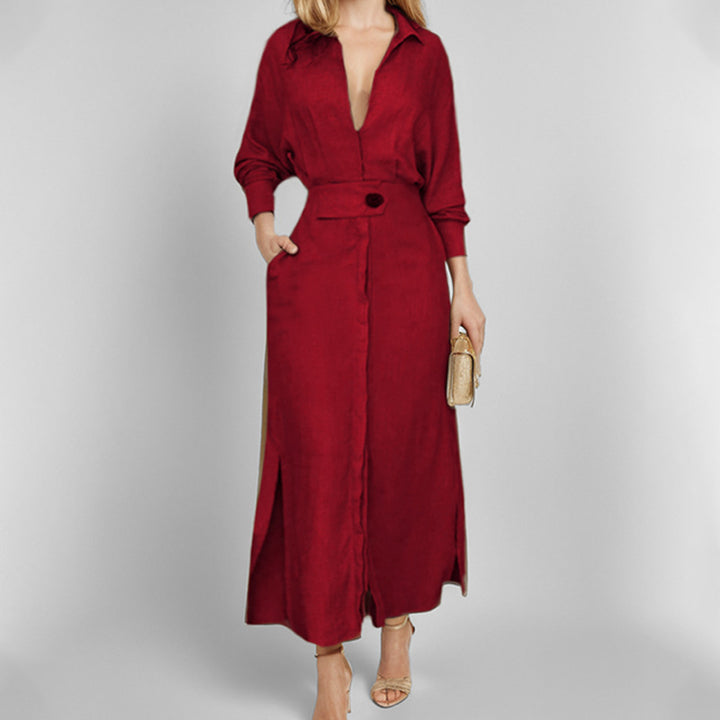 Damen Maxikleid mit elegantem V-Ausschnitt und Gürtel Drune