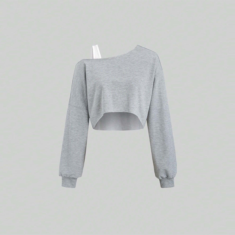 Damen cropped Off-Shoulder Sweatshirt mit einseitigem Träger, Ballonärmeln und Rippbündchen Drune