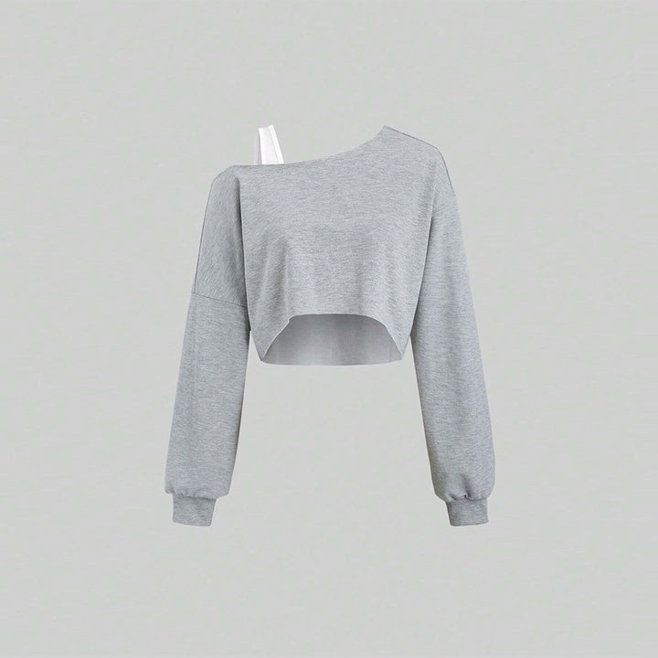 Damen cropped Off-Shoulder Sweatshirt mit einseitigem Träger, Ballonärmeln und Rippbündchen Drune