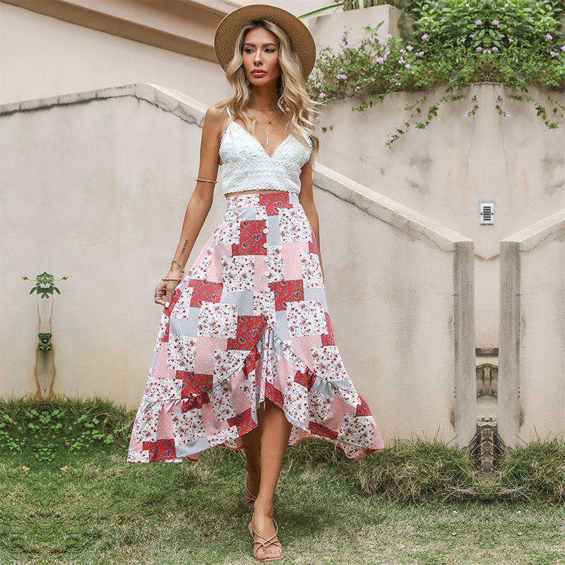 Damen Patchwork-Midirock mit Knopfleiste und asymmetrischem Volant Drune