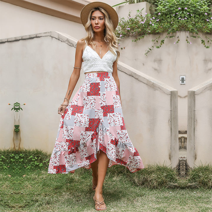 Damen Patchwork-Midirock mit Knopfleiste und asymmetrischem Volant Drune