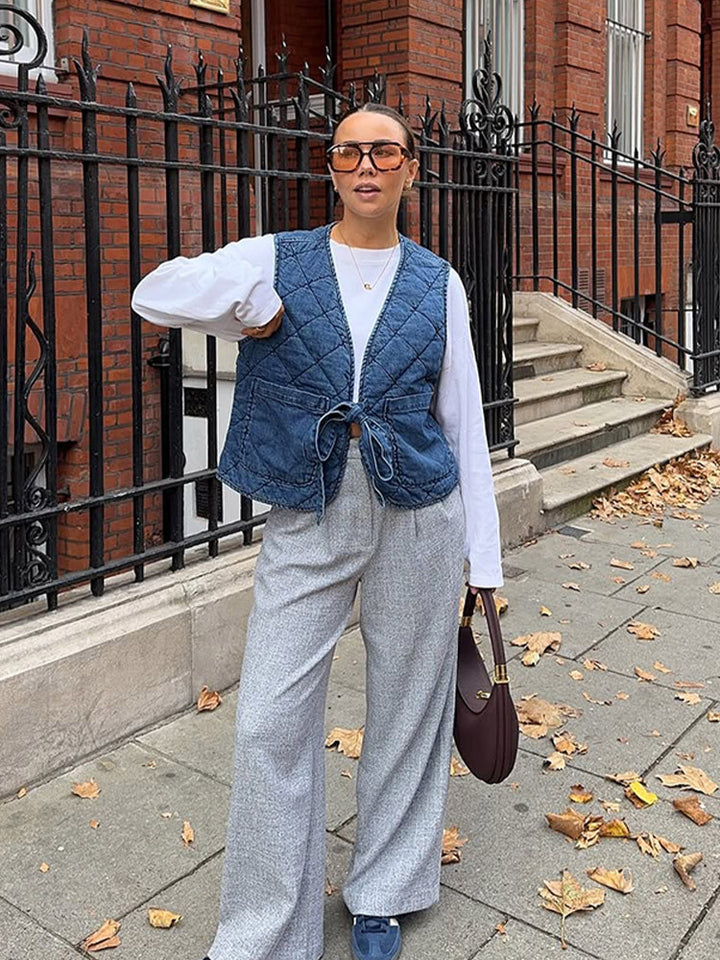 Damen Gesteppte Weste im Utility‑Stil mit Bindegürtel & aufgesetzten Taschen Drune