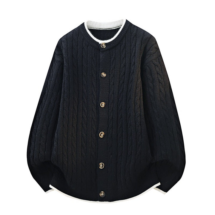 Damen Oversize Zopfstrick-Cardigan mit Rundhalsausschnitt, Holzknopfleiste & Kontrastbesatz Drune