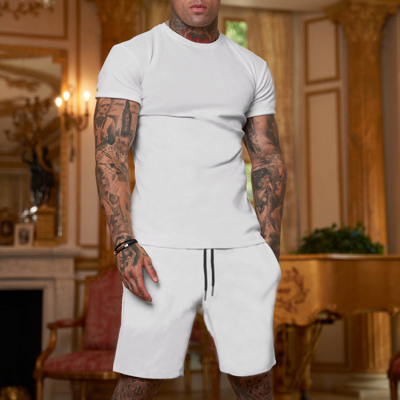Herren nan schlankes Jersey-Set mit Rundhalsshirt und elastischer Tunnelzug-Shorts Drune
