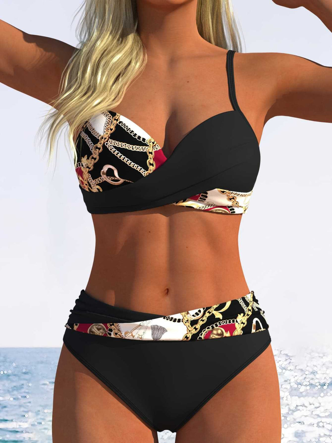 Damen Bikini-Set mit modischer Wickeloptik und schickem Kettenmuster Drune