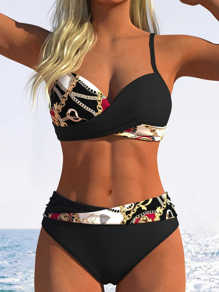 Damen Bikini-Set mit modischer Wickeloptik und schickem Kettenmuster Drune