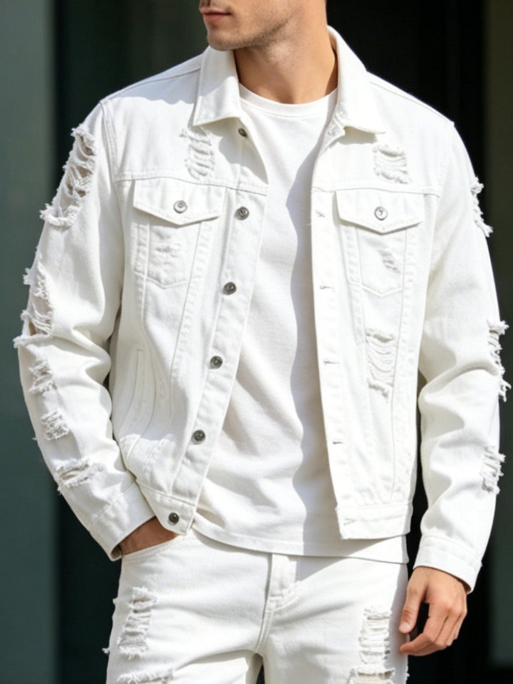 Herren Modische Jeansjacke mit Zerrissenen Details Drune