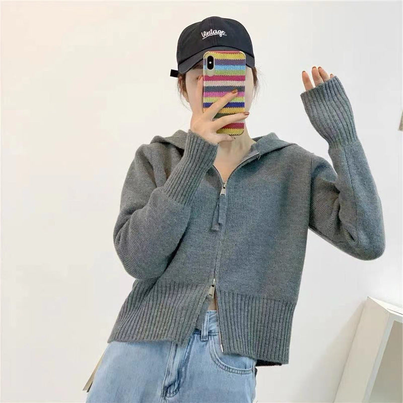 Damen Strickjacke mit moderner Kapuze und Reißverschluss Drune