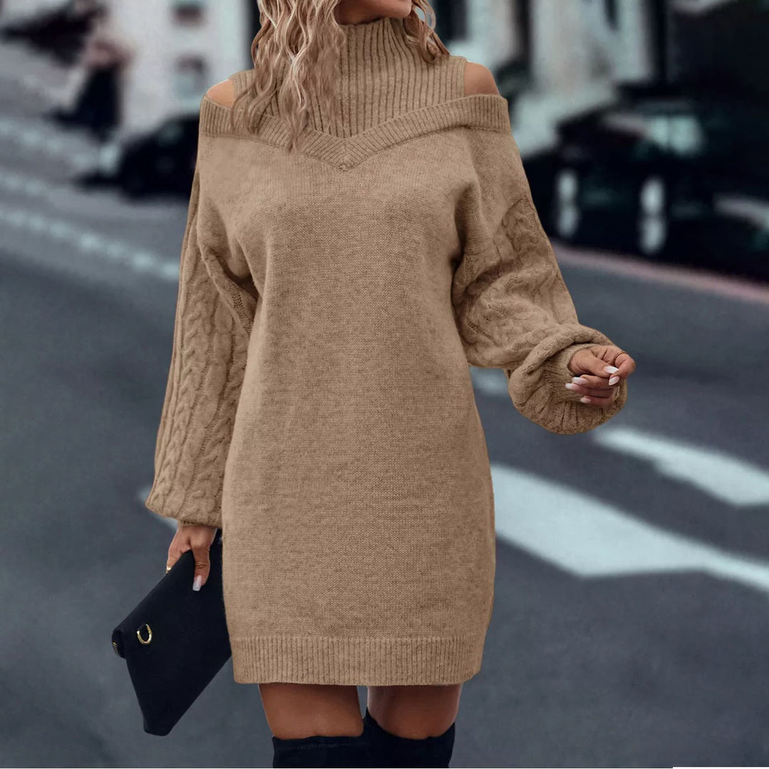 Damen Strickkleid mit Schulterauschnitten und hochgeschlossenem Kragen Drune