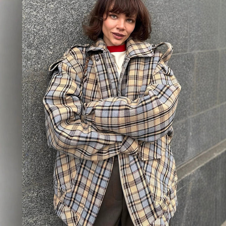 Damen Oversize-Karomantel im Boxy‑Schnitt mit Reißverschluss und Schulterklappen Drune