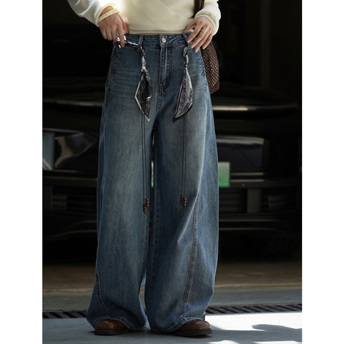 Damen Weite High‑Waist Denim-Baggyhose mit Bandana‑Schnürung und Perlenbändern Drune