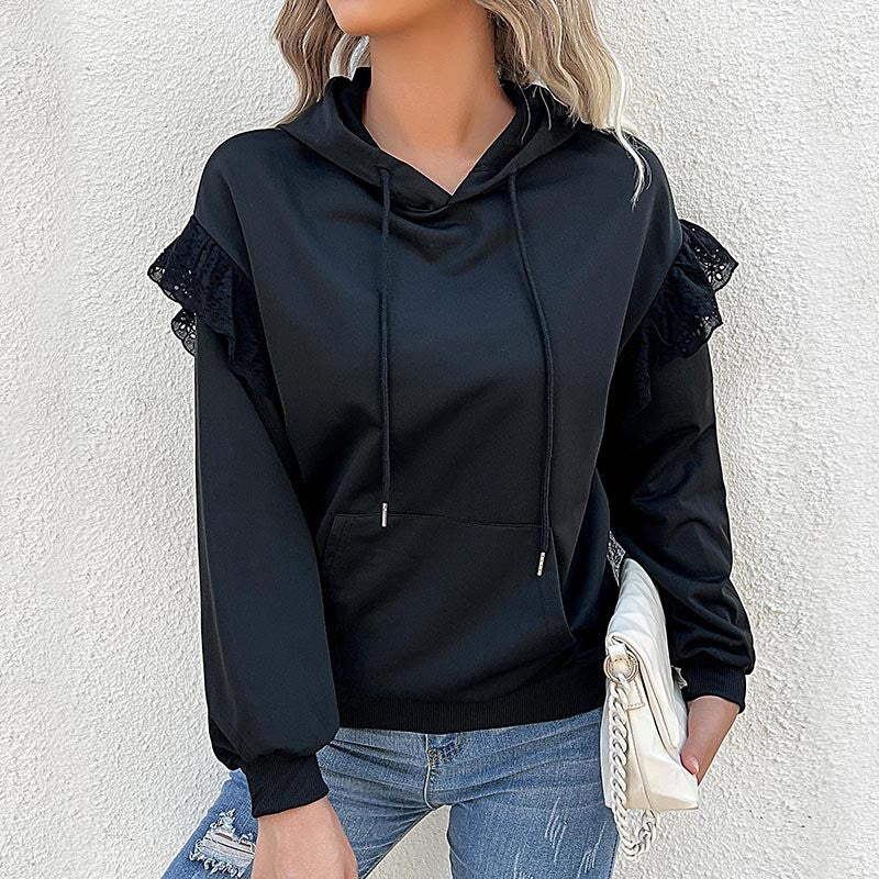 Damen Kapuzenpullover mit Spitzenvolants an den Schultern Drune
